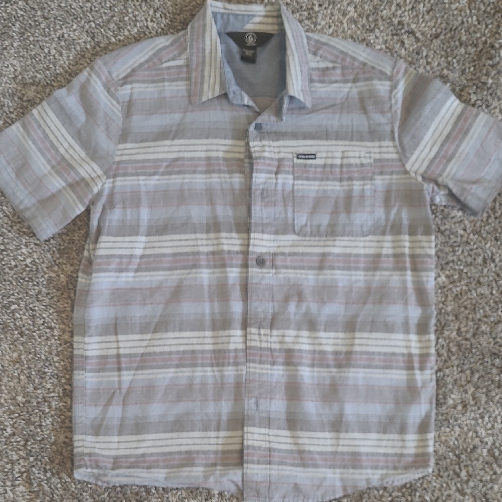 Volcom Kids Striped Button Down Shirt - Gray and Pink